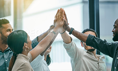 Buy stock photo High five, business people and group success, support and teamwork for company sales, meeting goals and winning. Yes, celebration and women, men or team hands together for helping, target and circle