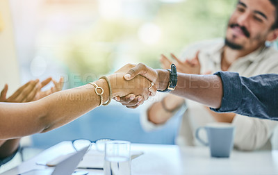 Buy stock photo Handshake, clapping and business people in meeting celebration, success promotion or thank you. Professional partnership of woman shaking hands in collaboration, congratulations and project applause