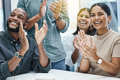 Buy stock photo Clapping, success and happy business people for thank you, celebration and teamwork, congratulations or promotion. Applause, cheers and excited man, woman or winner team celebrate and meeting goals