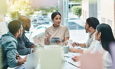 Buy stock photo Meeting, tablet and business people planning, communication and brainstorming for digital agency. Online, creative ideas and workflow goals of manager or woman talking to team for project proposal