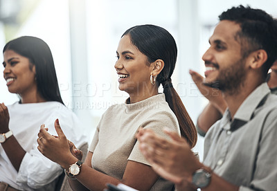 Buy stock photo Success, conference and audience applause in a boardroom of their workplace.Team diversity, support or good news and colleagues group clap for achievement or celebration of meeting results in office