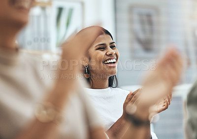 Buy stock photo Staff, group and applause with support, achievement and collaboration with target, opportunity and promotion. Hands, woman or staff clapping, excited and startup success with commitment and goals