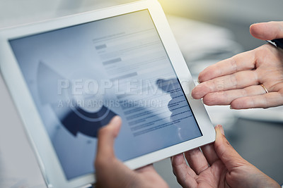 Buy stock photo Business people, hands and tablet in data analytics, statistics or marketing information at the office. Hand of group working on technology, chart or graph for corporate profit, analysis or results