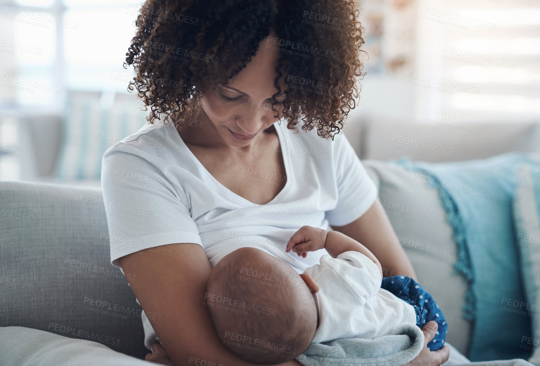 Buy stock photo Love, living room and mother breastfeeding her baby for health, nutrition and wellness at home. Bonding, care and young woman nursing or feeding her newborn child milk on the sofa in the family house