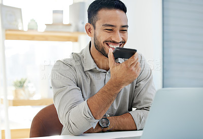 Buy stock photo Phone call, laptop and businessman at desk, office and sales with client. Technology, communication and cellphone for male entrepreneur talking with buyer, smile and digital discussion for company