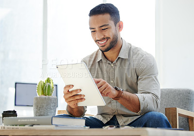 Buy stock photo Business man, tablet and email of a web analyst checking online research with a smile. Office chair, technology and employee with social media scrolling and typing on a internet app while reading 