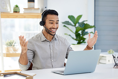 Buy stock photo Laptop, smile and man in office, webinar or video call with headphones and happy advisory consultant. Communication, technology and virtual meeting, online training and male with headset and computer