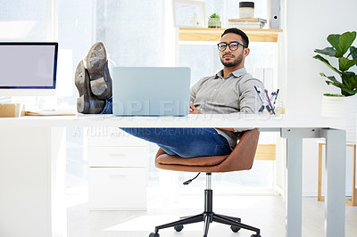 Buy stock photo Laptop, desk and feet on table for businessman, relax and thinking in office. Planning, company and manager or ceo is workplace for brainstorm, web designer and executive for professional male person
