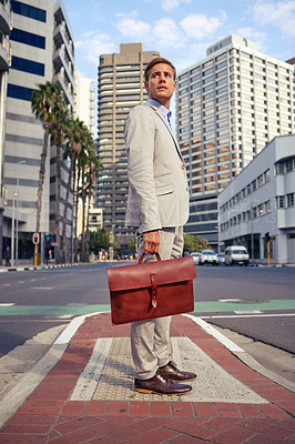 Buy stock photo Businessman, walk and thinking on city for commute, corporate career and office building. Executive, briefcase and sustainable travel by urban street with professional job and suit in South Africa