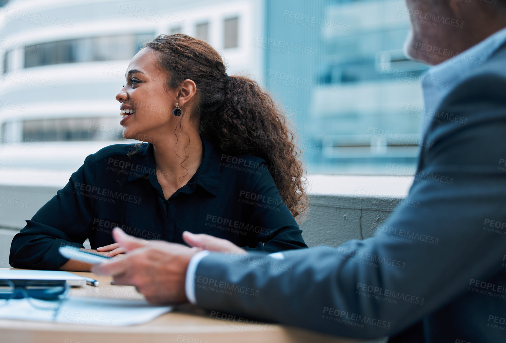 Buy stock photo Smile, business and woman in meeting outdoor, balcony and discussion for planning, research and ideas for project development. Happy, employee and staff on rooftop, terrace and brainstorming for work