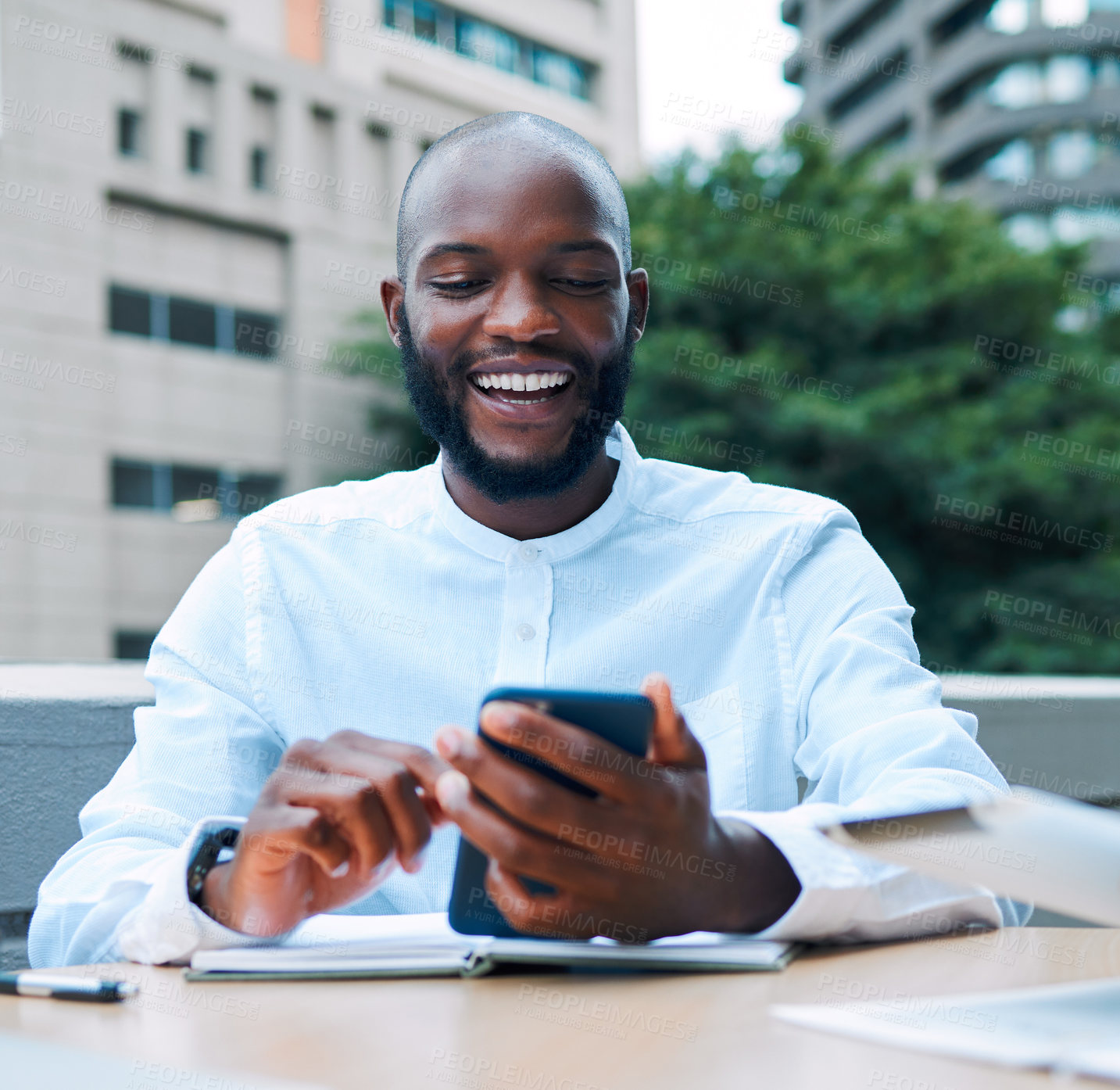 Buy stock photo African, businessman and smartphone with smile for communication, texting and digital as entrepreneur. Male person, excited and connected on technology for social media, company or startup on app