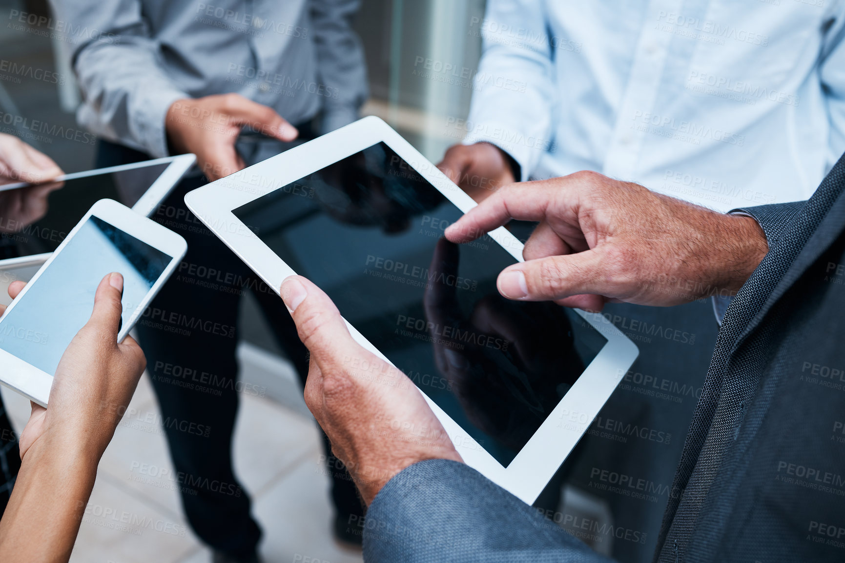 Buy stock photo Business people, hand or tablet in group with screen for job, working with technology for meeting. Team, ebook or phone with internet for collaboration on sales mockup, together for teamwork