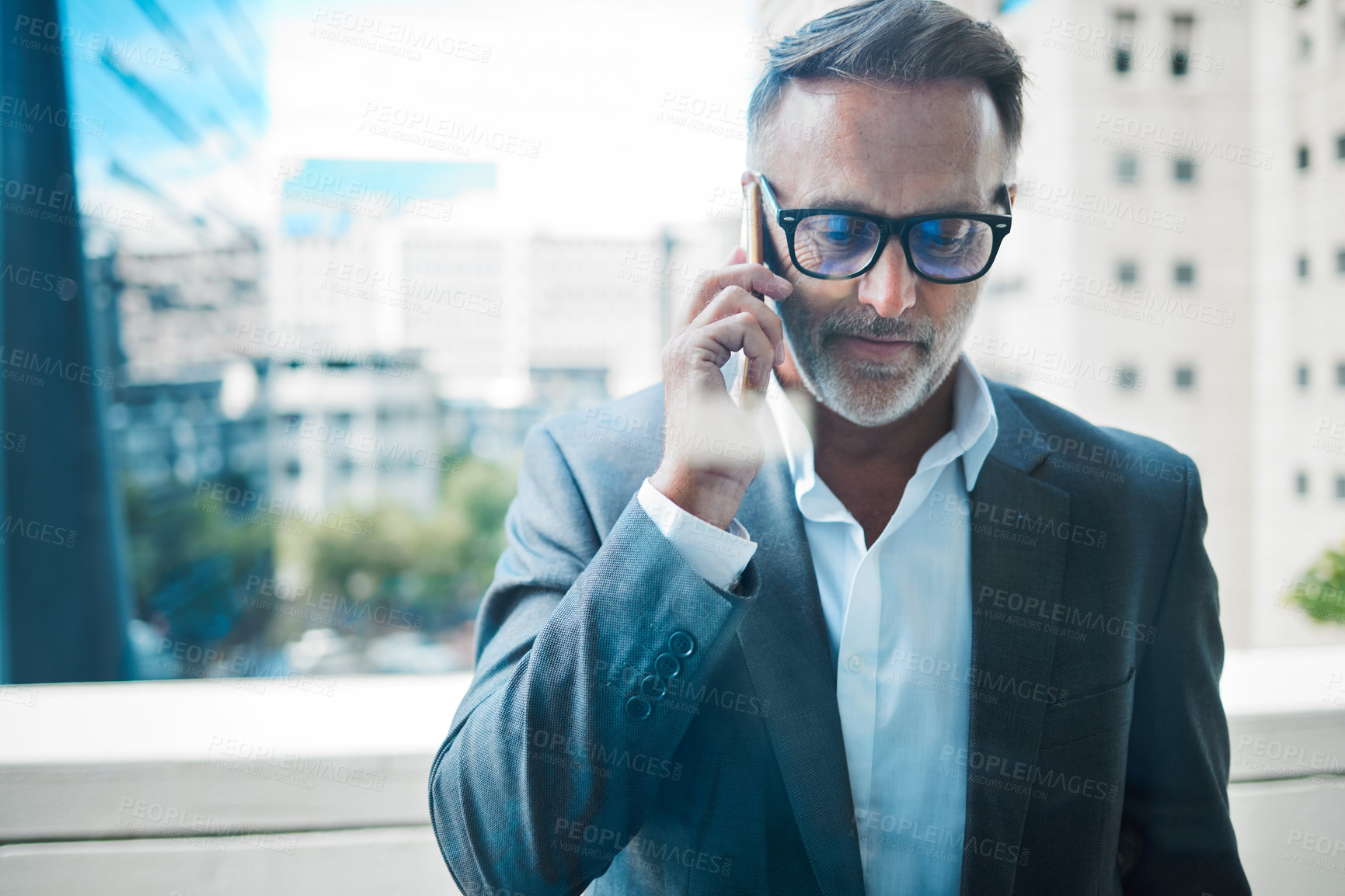 Buy stock photo Window, businessman and phone call for networking with communication, negotiation and contact in office. Professional career, mature ceo and executive director with mobile for talk, chat and speak