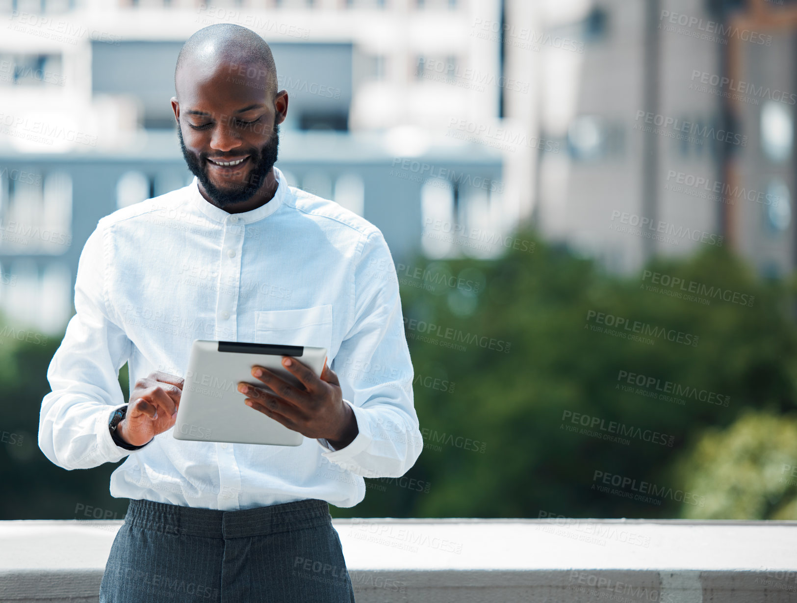 Buy stock photo City, connection and black man with tablet online for networking, clients and stock marker research. Entrepreneur, typing and reading financial news, info and communication with email on app