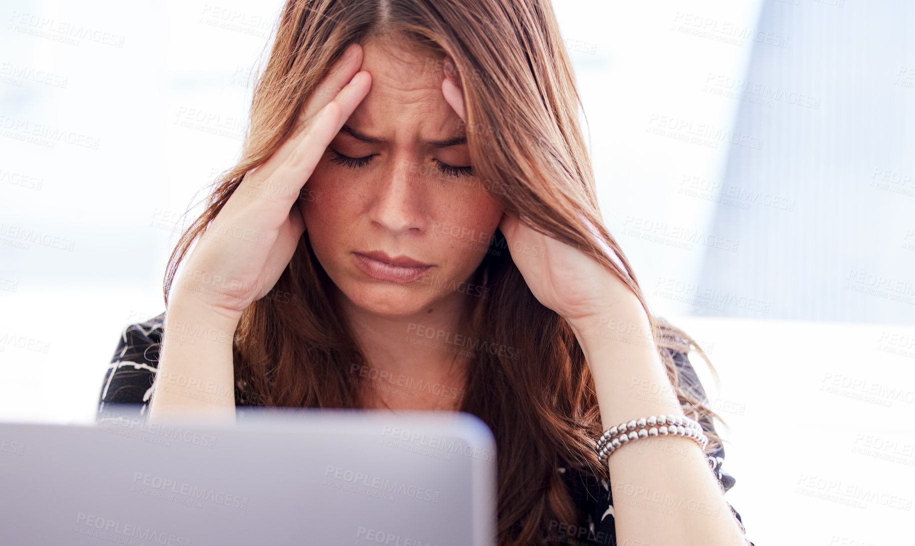 Buy stock photo Business woman, stress and management with burnout or sad, hands and deadline in office. Anxiety, headache and pressure for employee for paperwork, task and review or frustrated with team support
