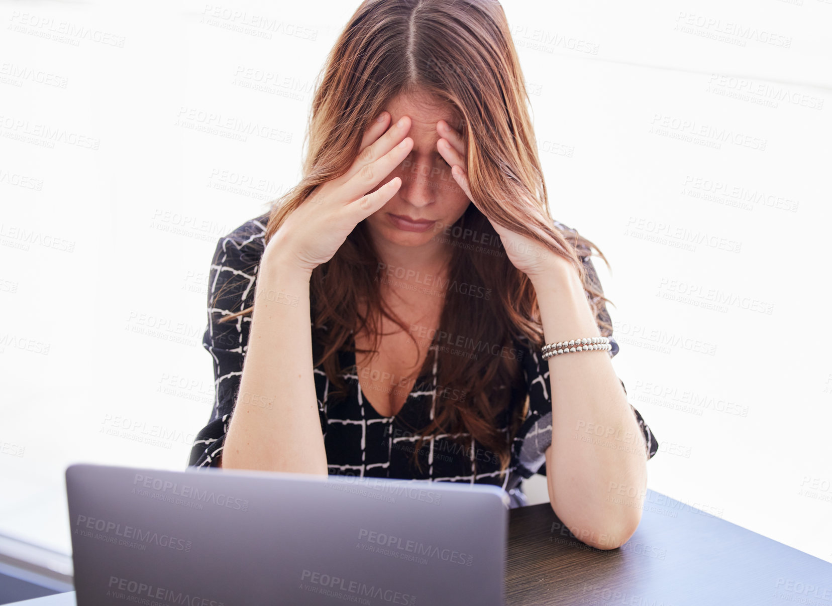 Buy stock photo Business woman, stress and management with fatigue or burnout, hands and deadline in office. Anxiety, pressure and headache for employee paperwork or depressed, task and review for frustrated worker