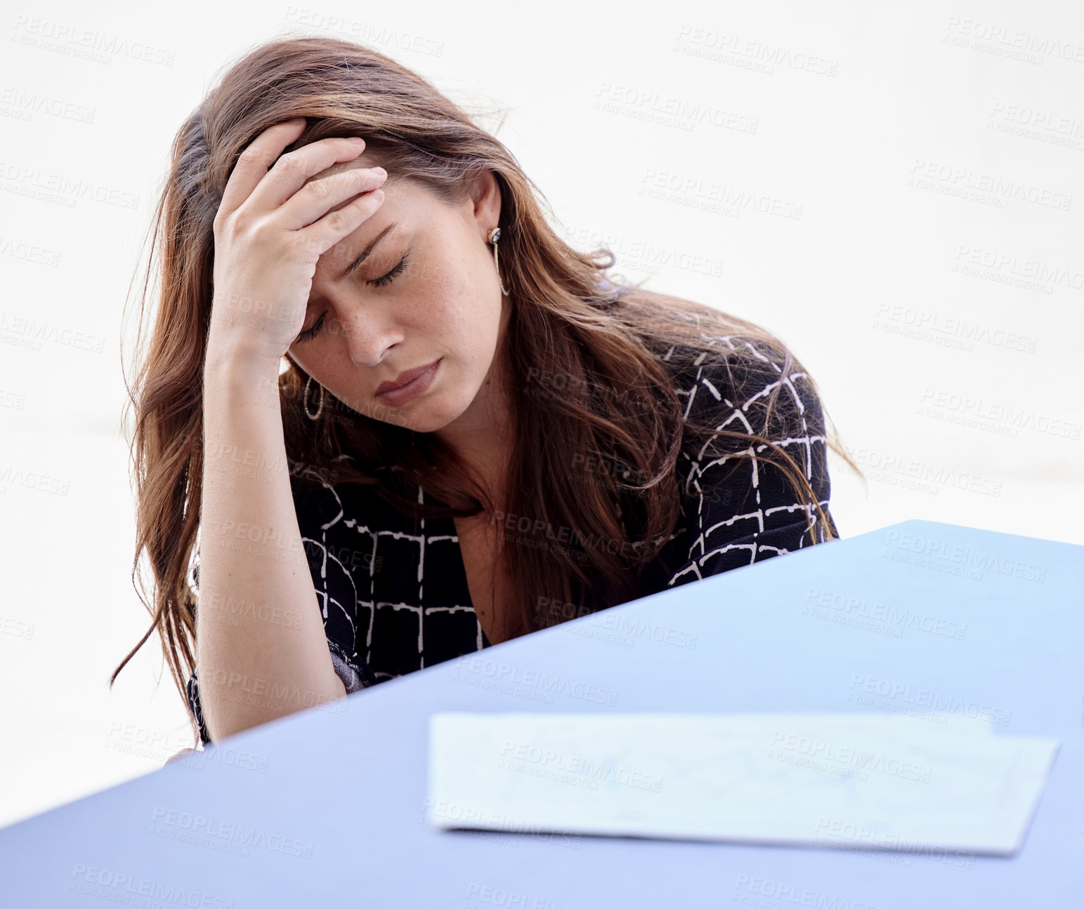 Buy stock photo Tired business woman, headache and stress with anxiety in depression, fail or mistake at office. Upset female person or young employee in debt, bankruptcy or fatigue from financial crisis or loss