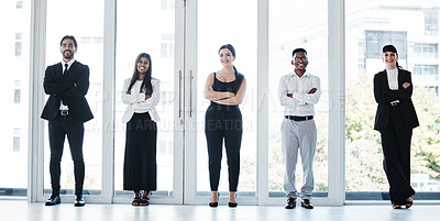 Buy stock photo Confidence, crossed arms and portrait of business people in the office with success and leadership. Collaboration, team and group of professional corporate employees standing in the modern workplace.
