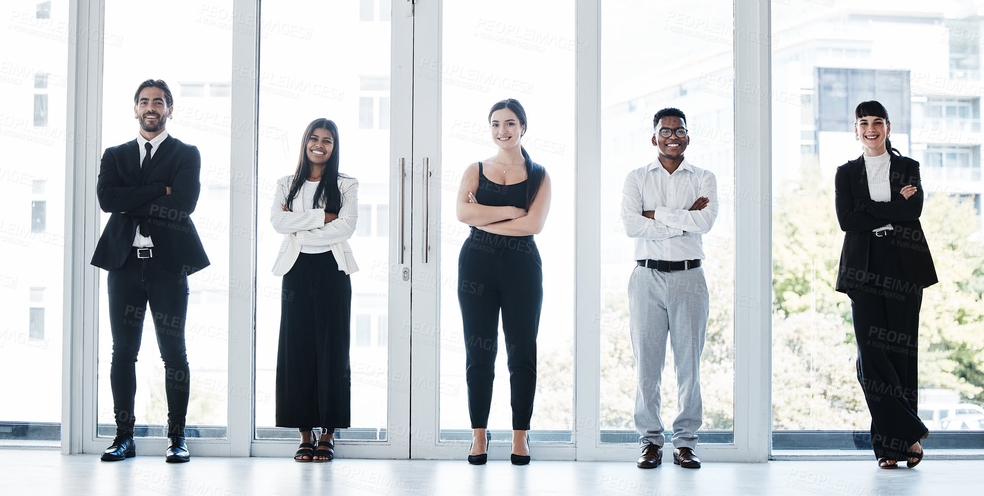 Buy stock photo Confidence, crossed arms and portrait of business people in the office with success and leadership. Collaboration, team and group of professional corporate employees standing in the modern workplace.