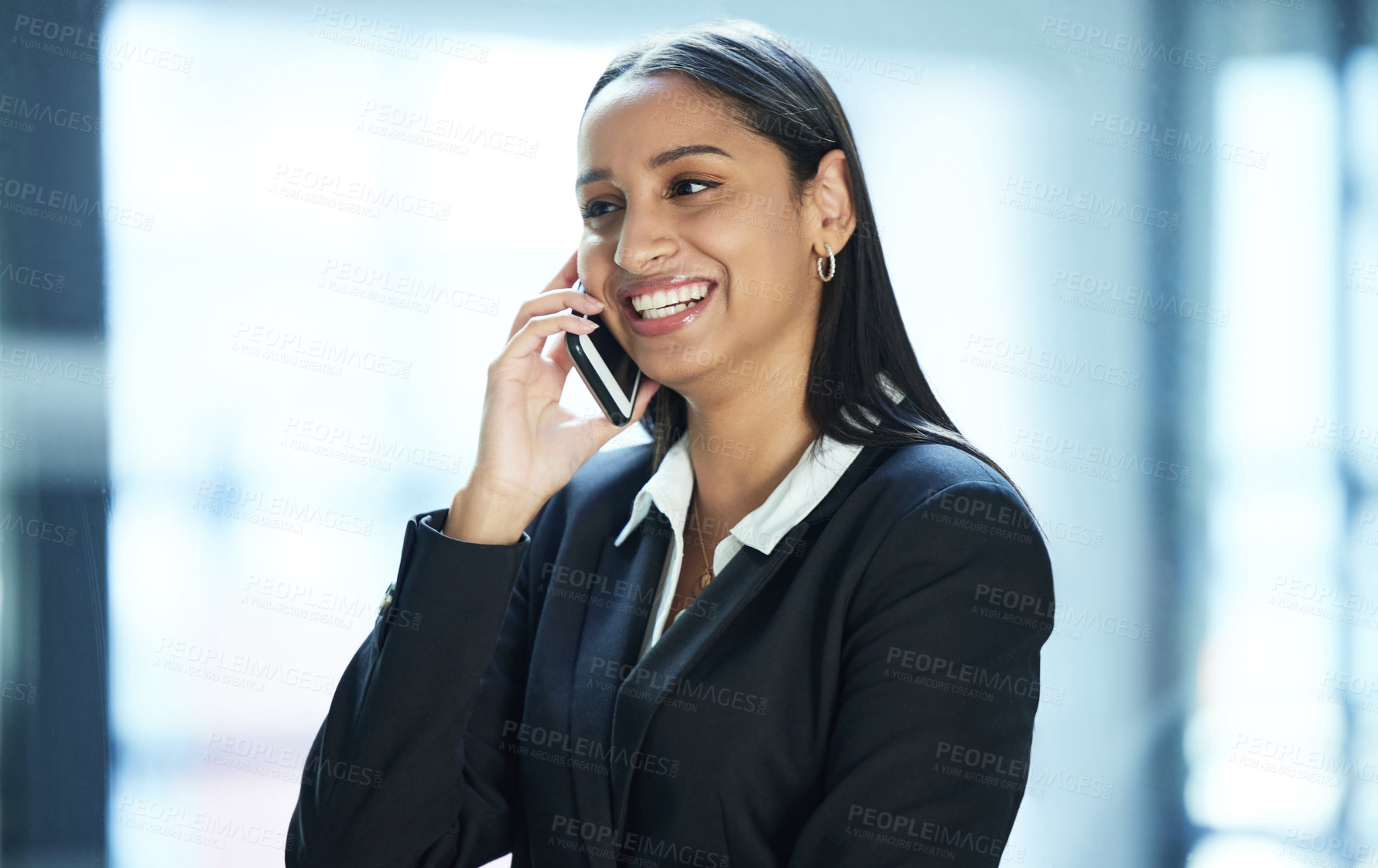 Buy stock photo Happy, woman and phone call with attorney in office for consultation, chat or networking with client. Legal, advice and lawyer thinking of communication on case, info or settlement ideas on project