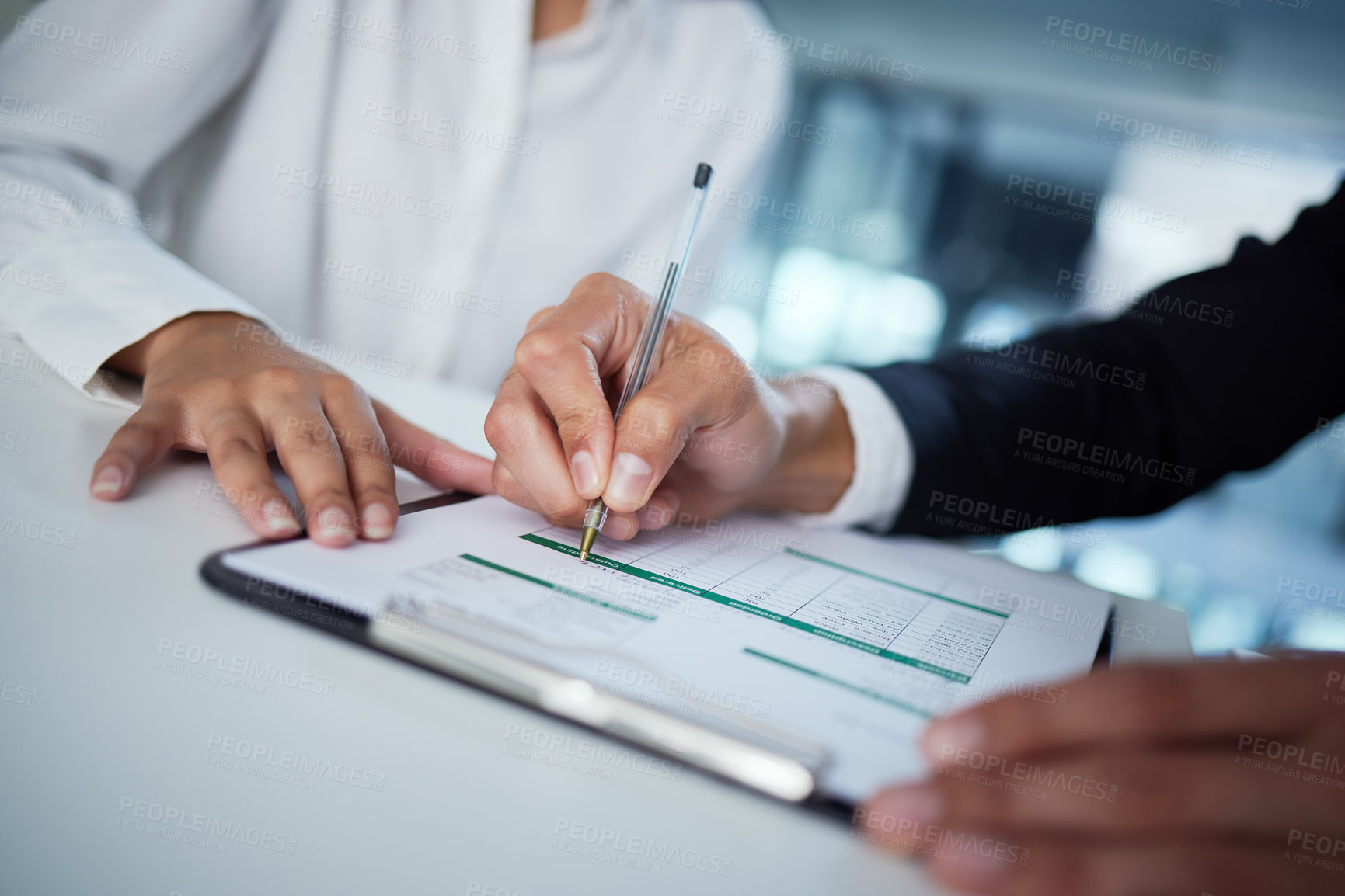 Buy stock photo Business people, hands and writing with contract, documents or application on desk at office. Closeup of person filling in form, survey or paperwork for insurance, signature or agreement at workplace