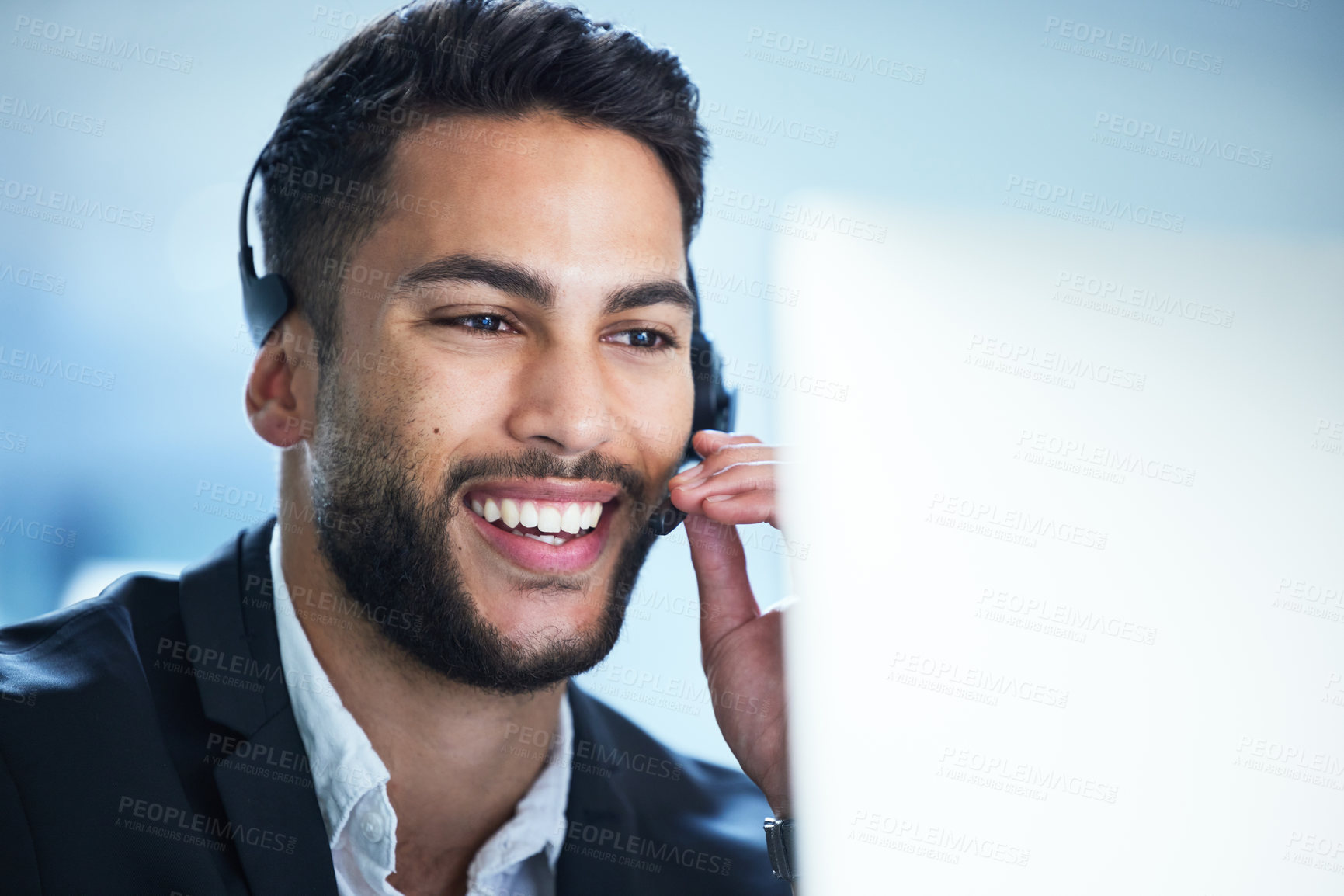 Buy stock photo Happy, man and advice in call center office with consultant for customer support, chat or helping a client. Legal, advisor and thinking of solution for insurance, policy and virtual communication