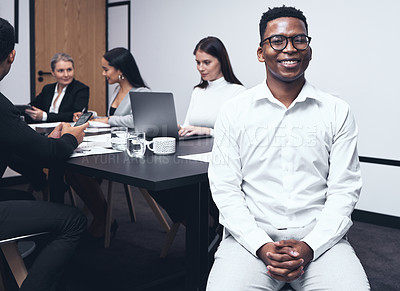 Buy stock photo Portrait, black man and brainstorming in meeting in office for action planning, or debate discussion for ideas and thoughts. Business people or team with paperwork for financial strategy and happy.