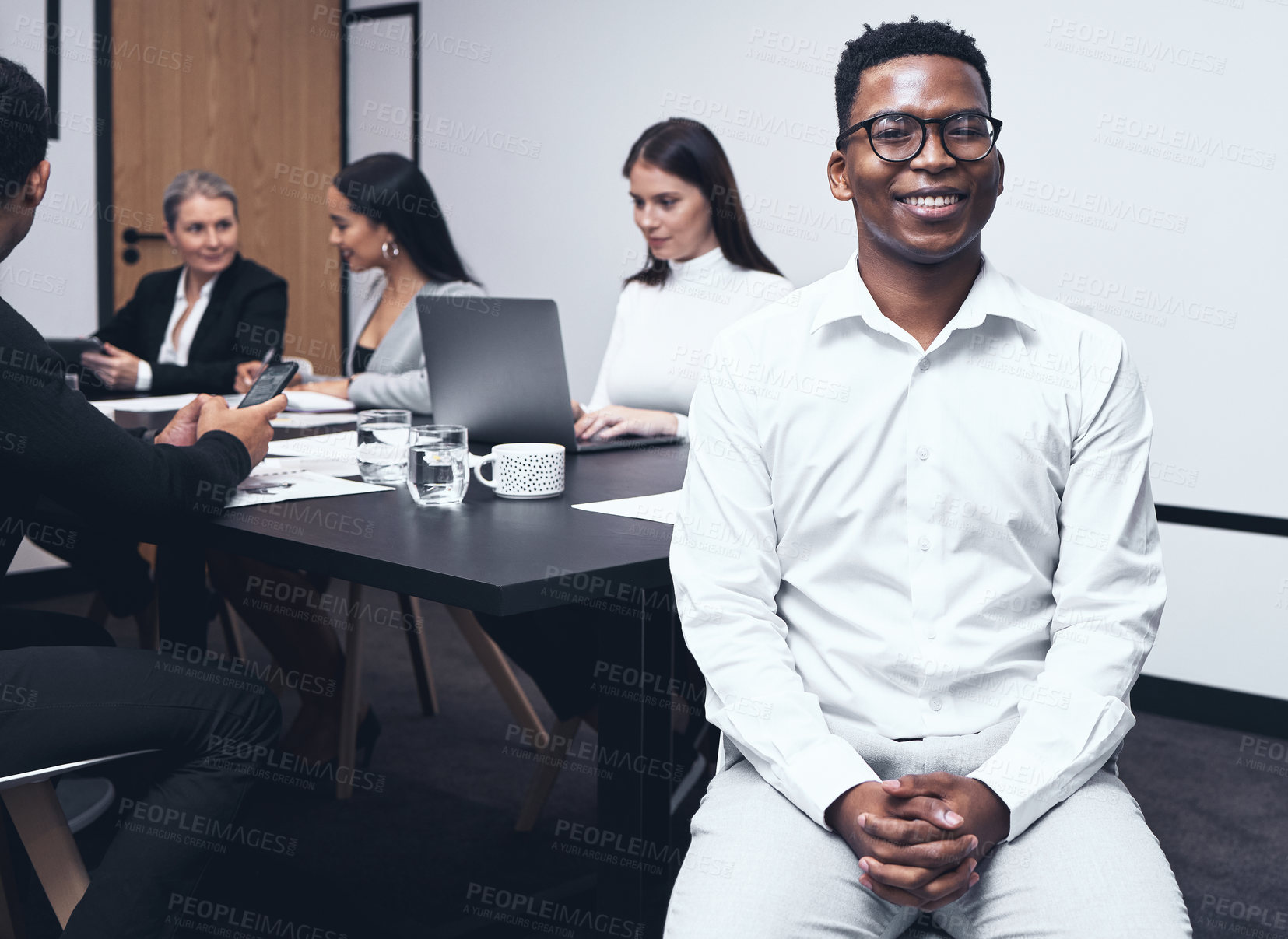 Buy stock photo Portrait, black man and brainstorming in meeting in office for action planning, or debate discussion for ideas and thoughts. Business people or team with paperwork for financial strategy and happy.