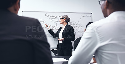 Buy stock photo Business woman, coaching and presentation on whiteboard in meeting for strategy or planning at office. Female person, CEO or coach training staff in project plan or team brainstorming at workplace