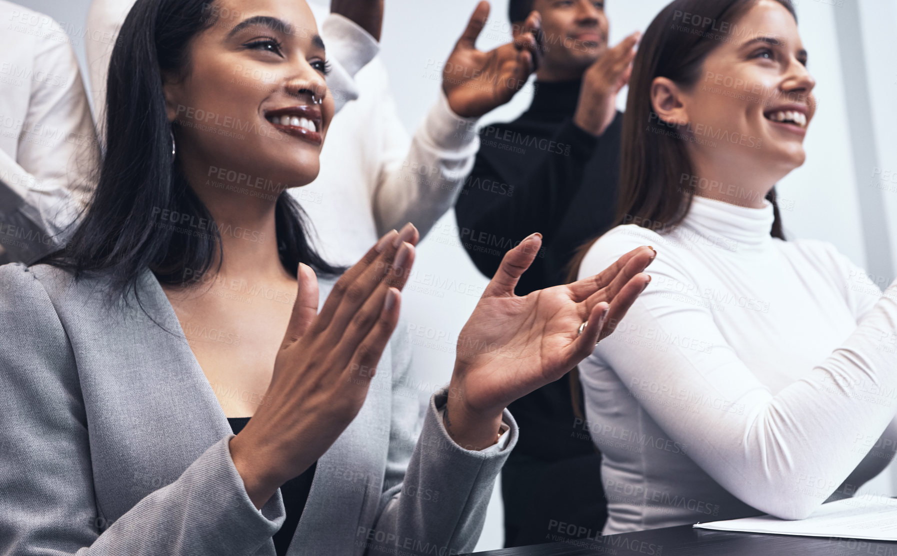 Buy stock photo Business people, applause and meeting for presentation, teamwork or collaboration together at the office. Hand of happy group clapping for team motivation, success or corporate goals at the workplace