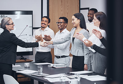 Buy stock photo Business people, handshake and applause in meeting for hiring, teamwork or partnership agreement at office. Group shaking hands or clapping in team recruiting success or corporate growth at workplace