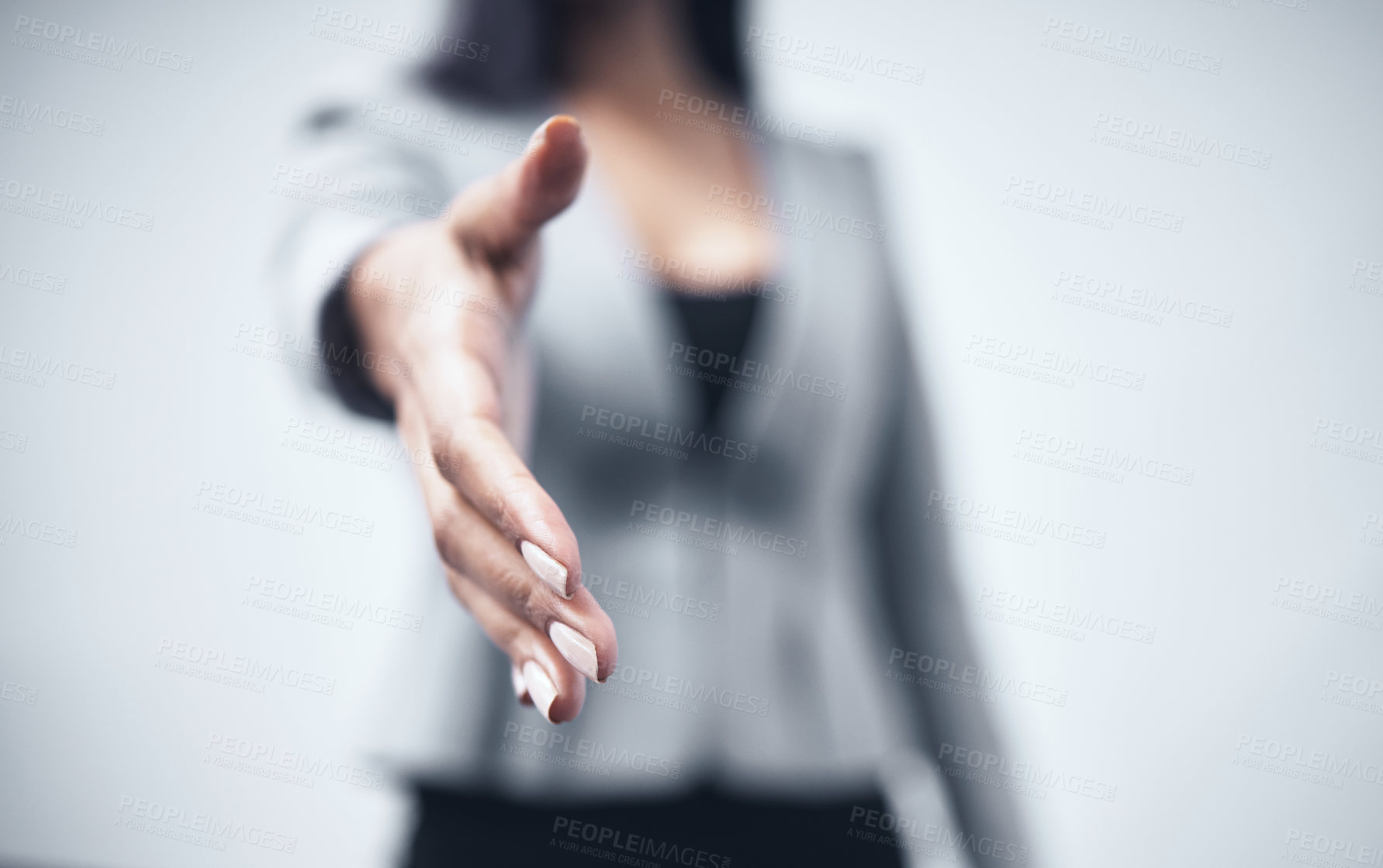 Buy stock photo Business woman, handshake and meeting for hiring, b2b or deal in welcome, greeting or introduction on mockup. Female person executive shaking hands for recruiting, partnership or agreement at office