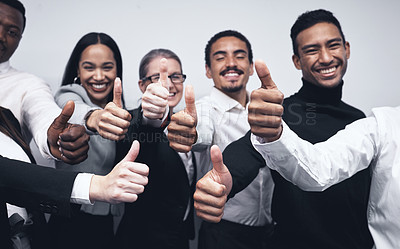 Buy stock photo Happy, business people and thumbs up for winning, success or team approval together at office. Group of employee workers with smile showing thumb emoji, yes sign or like for teamwork, win or goals