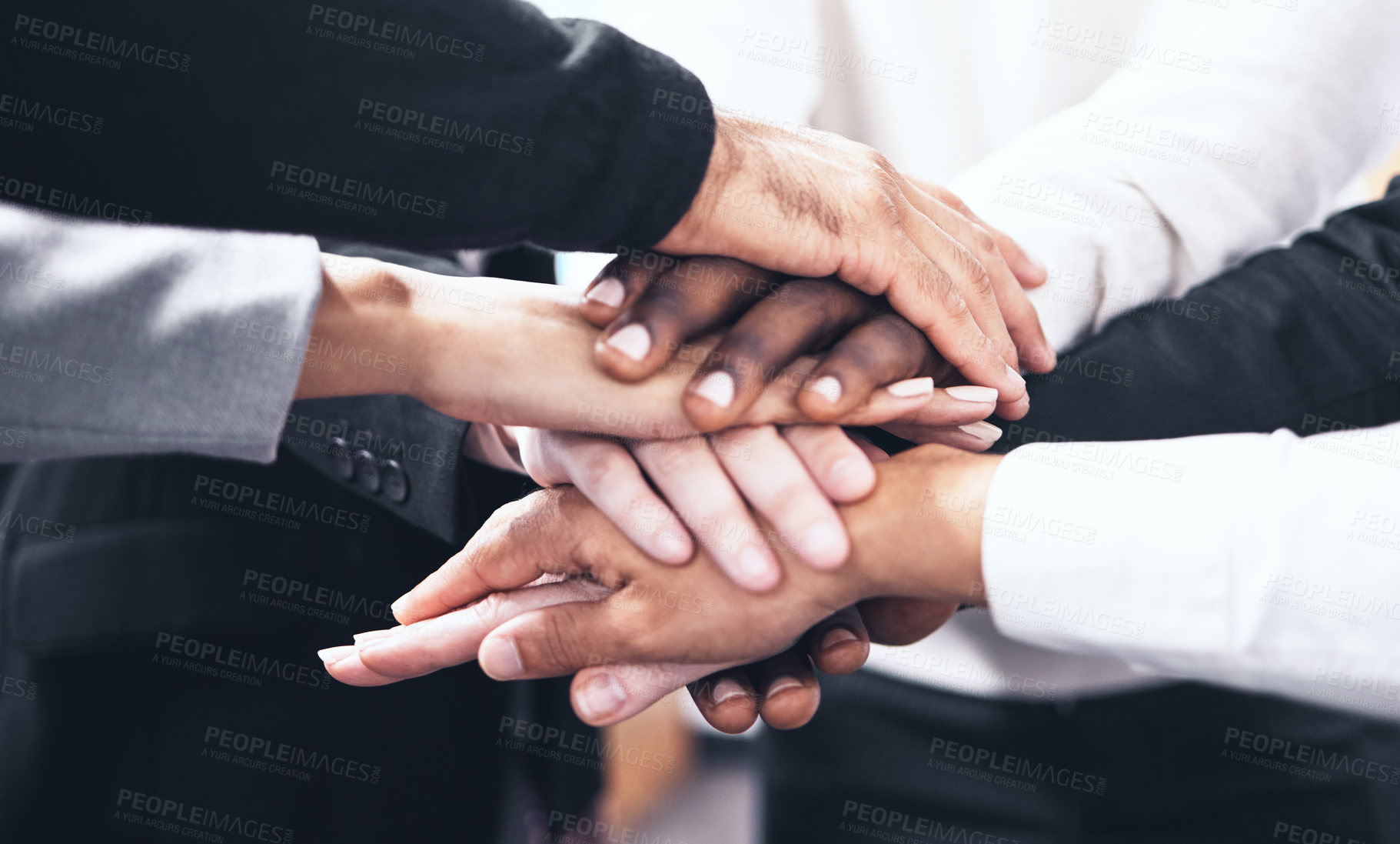 Buy stock photo Business people, meeting and hands together for teamwork, unity or collaboration at the office. Hand of group touching for team agreement, motivation or support in trust, solidarity or integration