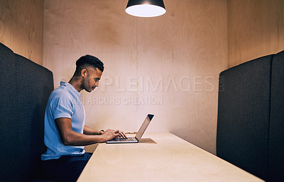 Buy stock photo Businessman, typing and research with laptop in office cubicle for online browsing, communication or email. Young man or creative employee working or reading on computer for news, feedback or startup