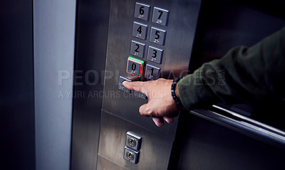 Buy stock photo Man, hands and pressing button in elevator for transportation in building, floor or number indoors. Hand of male person selecting control on machine or lift for level up or down on touch panel