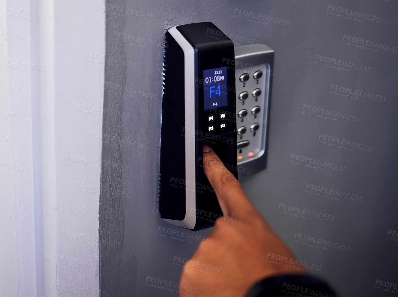 Buy stock photo Hand, access and intercom by door with security for entrance, safety and biometric scan for fingerprint.  Finger, electronic lock and surveillance system with code, privacy and keypad for entry pin