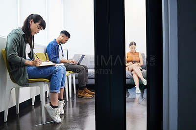 Buy stock photo Office, lobby and people in waiting room on sofa for job interview and reading recruitment info. Resume, woman or writing cv application in human resource reception or research vacancy opportunity
