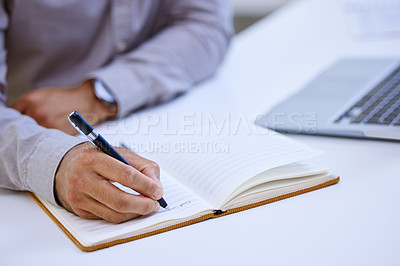 Buy stock photo Hands, writing notes and person in office with ideas, reminder and lead for story at media company. Staff writer, editor and employee with notebook for planning, schedule or research for newsletter