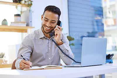Buy stock photo Consultant, businessman on telephone and writing in a notebook with a laptop at desk in office at his workplace. Networking or support, communication and man on a phone call for customer service