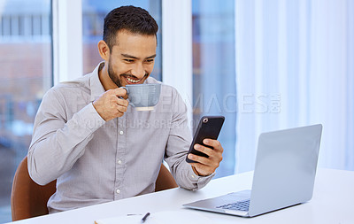 Buy stock photo Man, phone and coffee for texting in office for smile on break, reading or chat with contact on social network. Journalist, employee and happy on smartphone, tea cup and notification at media startup