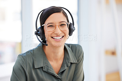 Buy stock photo Happy woman, portrait and call center for virtual communication, business support or e learning services. Face of agent, education advisor or agency person for consulting, chat and advice in office