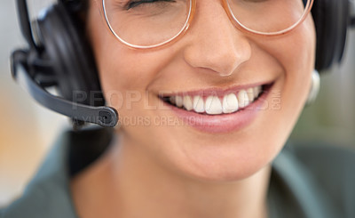 Buy stock photo Call center, mouth and happy woman, consultant or advisor talking, virtual communication or technical support. Insurance agent, headphones or mic of person speaking or helping in customer service job