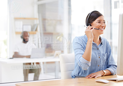 Buy stock photo Call center, computer and happy woman, virtual consultant or advisor in customer support, online advice or office chat. Help desk communication, business agent and person on desktop pc in workspace