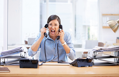 Buy stock photo Screaming, stress and business with woman, telephone and workflow crisis with deadline, frustrated and burnout. Reception, administrator and assistant with mistake, fatigue and angry with emotions