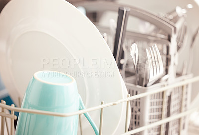 Buy stock photo Clean, closeup and dishes or dishwasher in kitchen with plate, cup and cutlery for hygiene and routine. Electronic machine, kitchenware and cleaning crockery for housekeeping, housework and chores