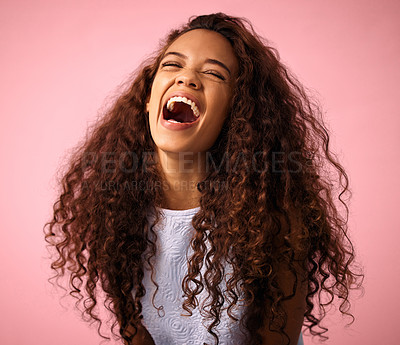 Buy stock photo Girl, happy and excited with hair in studio on pink background for treatment, growth and care. Teen, gen z and isolated with trendy or natural hairstyle, curls and soft with fresh texture.

