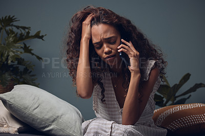 Buy stock photo Stress, phone call and woman on sofa with crying for break up, grief and loss in home. Mental health, divorce and girl with depression, smartphone and telehealth for discussion with helpline support.