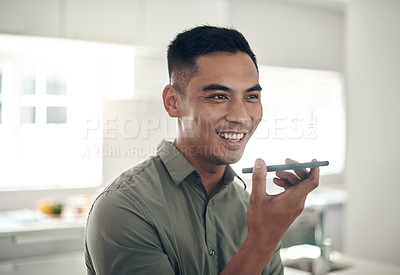 Buy stock photo Business, networking and man with phone call on speaker in home with happy communication to real estate client. Cellphone, contact or realtor chat to person online with update on property opportunity