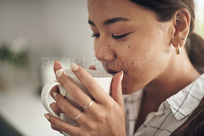 Buy stock photo Woman and drinking cup of coffee at home in the kitchen with caffeine for breakfast. Female person, beverage and enjoying fresh, brewed drink and morning fix to feel energy, relaxed and refreshed